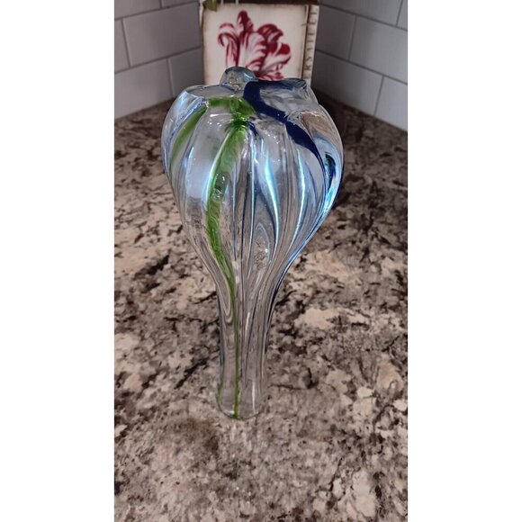 Vintage "Snowflakes" Glass Vase Blue, Green, Clear Art - Picture 13 of 15
